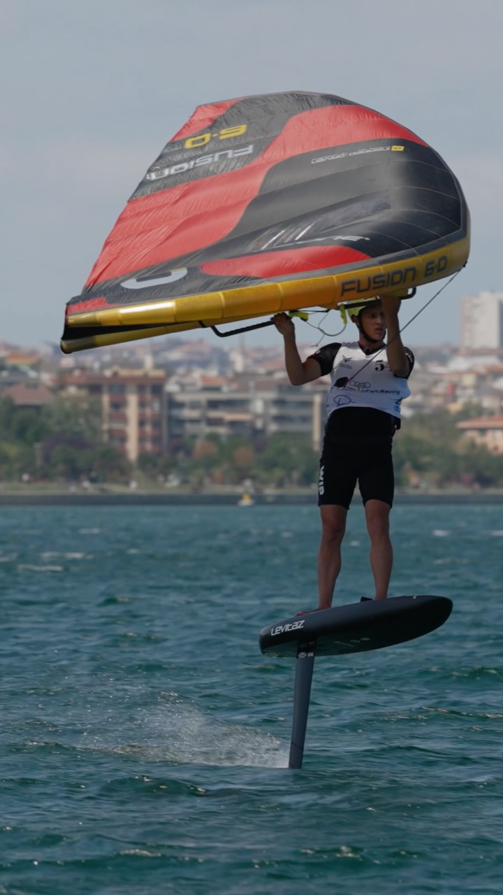 Behind the rabbit boat wing foil racing long distance run