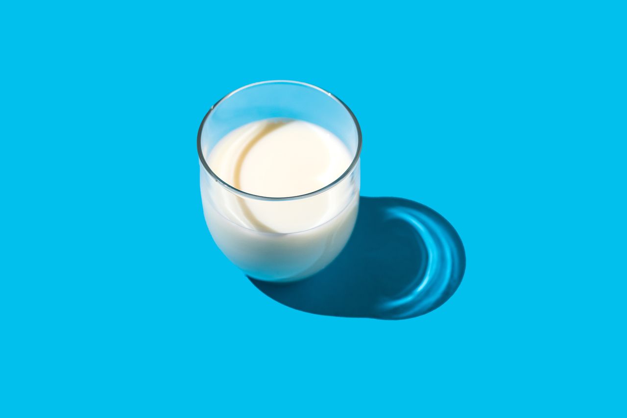 A glass of milk casting a shadow on a bright blue surface