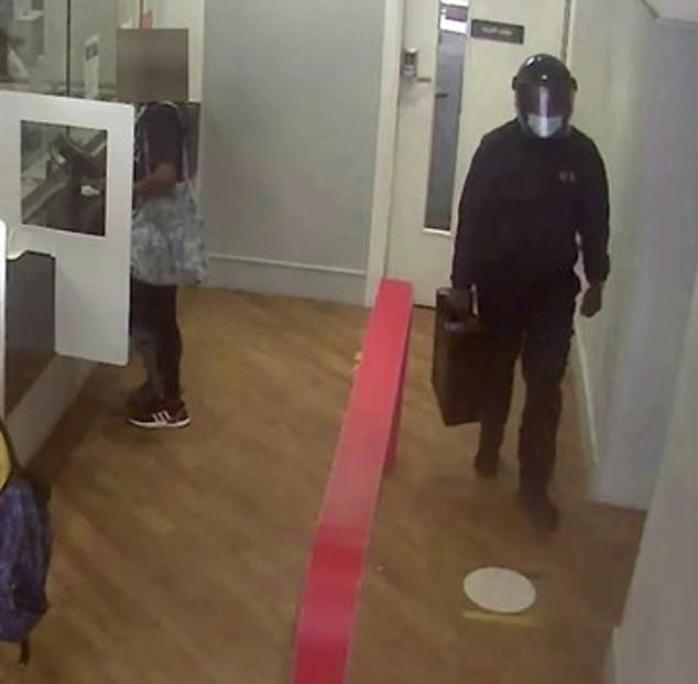 Kissi wore a helmet with the visor down and a face mask with his old uniform from when he worked for the G4S private security company to fool staff into handing over £117,200