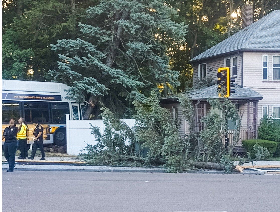 One person injured when MBTA bus crashes into tree, fence in Mattapan