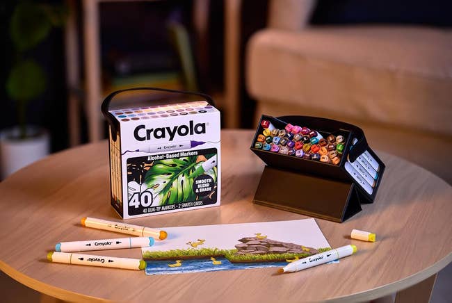 Crayola alcohol-based markers set displayed on a wooden table with drawn foliage on paper; includes a storage case and markers