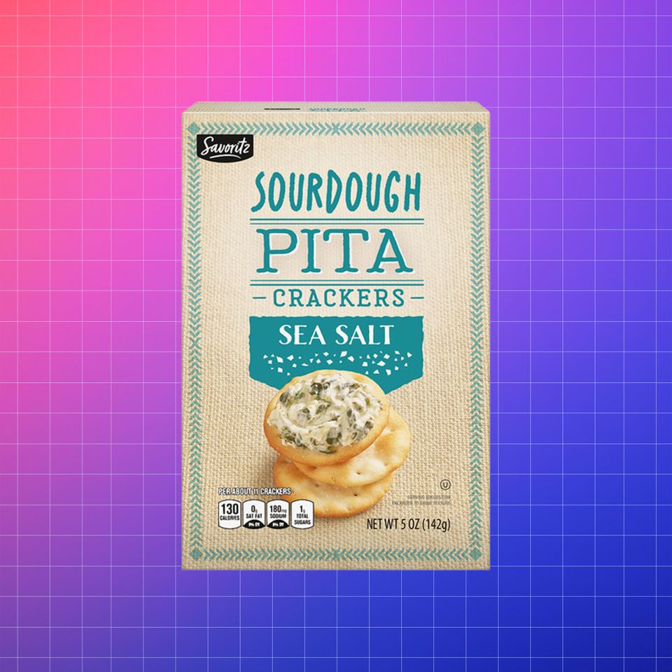 Package of sourdough pita crackers labeled sea salt displayed on a colorful gradient background