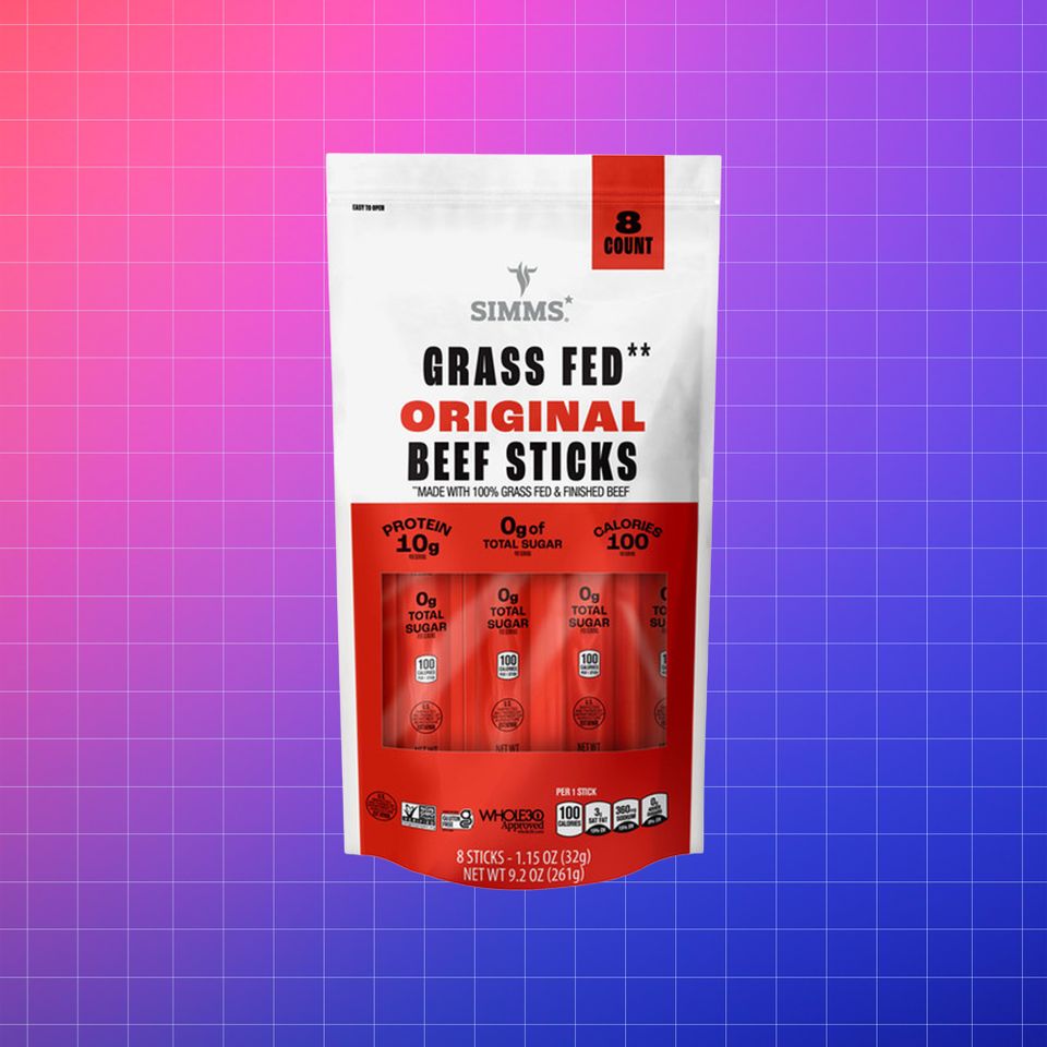 A pack of Simms Grass Fed Original Beef Sticks against a gradient background
