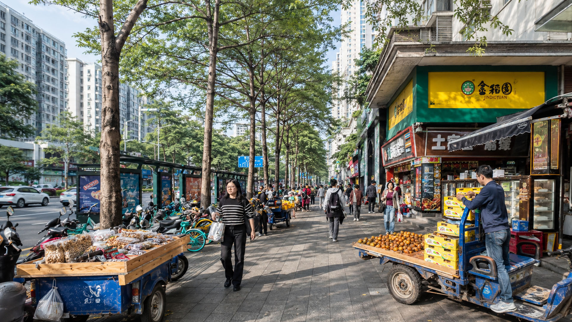 A hidden urban rhythm moves through this Chinese neighborhood street