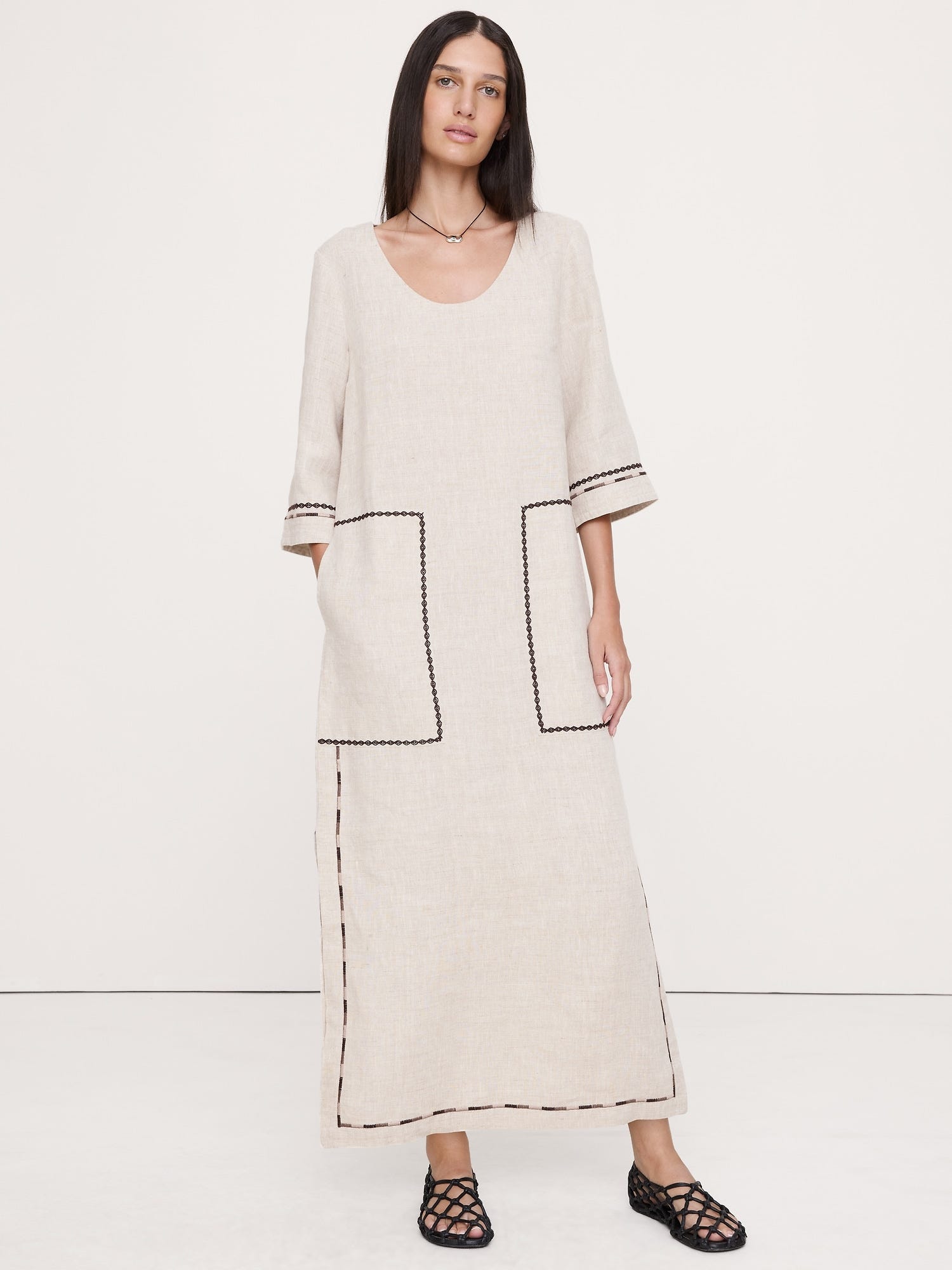 Banana Republic Embroidered Linen Scoop-Neck Maxi Dress
