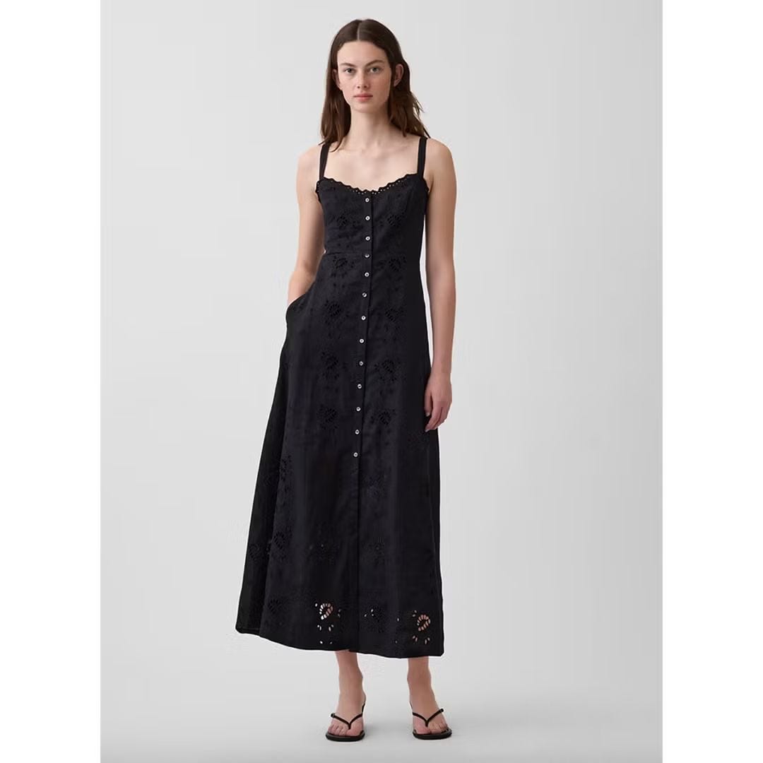 Gap Linen-Blend Embroidered Cami Maxi Dress