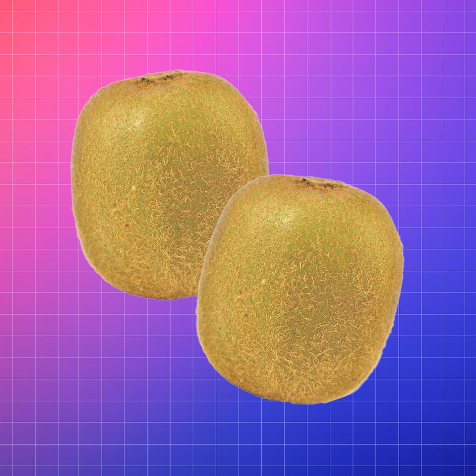 Two kiwifruits against a gradient background