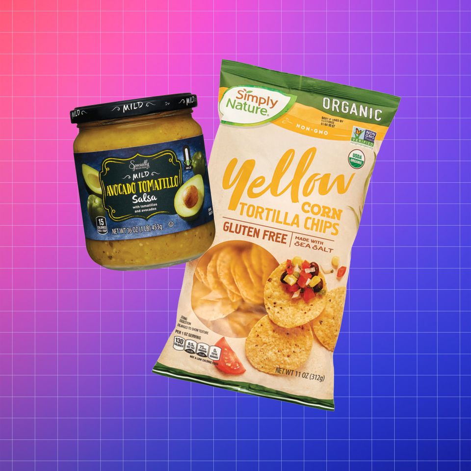 A jar of guacamole salsa and a bag of yellow corn tortilla chips displayed against a gradient background