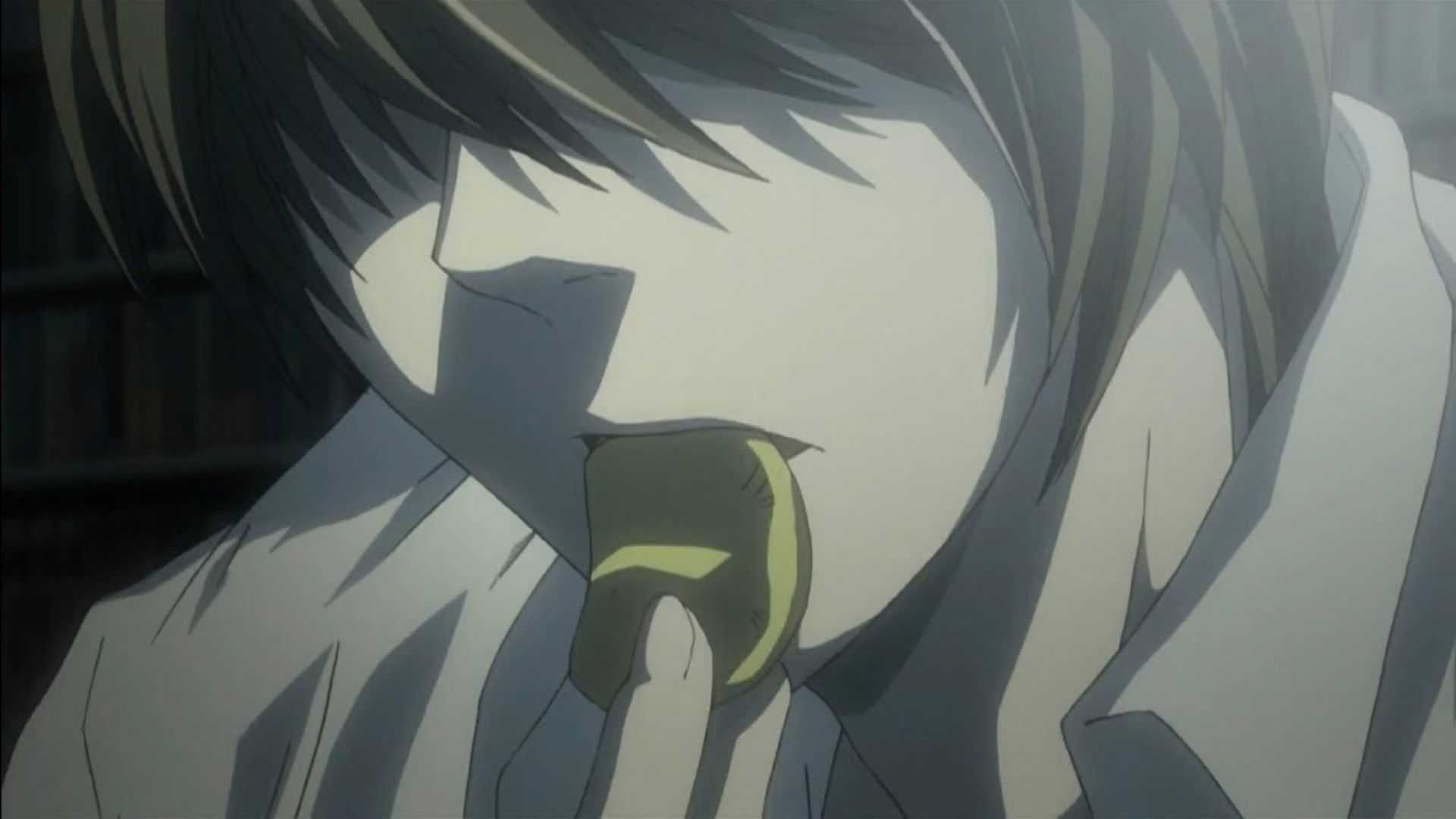 Light Yagami eating a potato chip in Death Note.