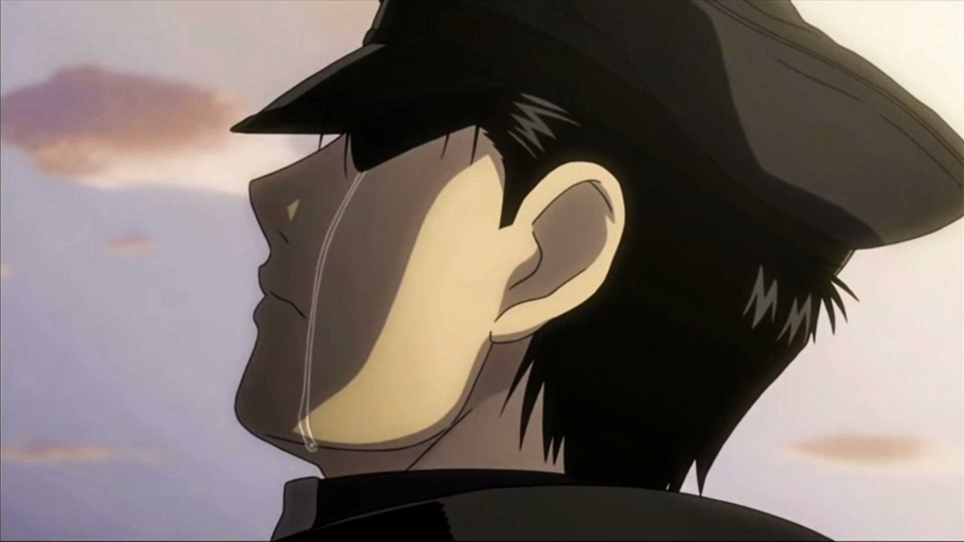 Roy Mustang crying at Maes Hughes' funeral in Fullmetal Alchemist: Brotherhood anime
