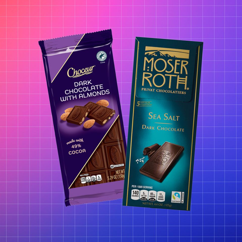 Two packages of dark chocolate Choceur Dark Chocolate with Almonds and Moser Roth Sea Salt Dark Chocolate displayed side by side on a colorful background