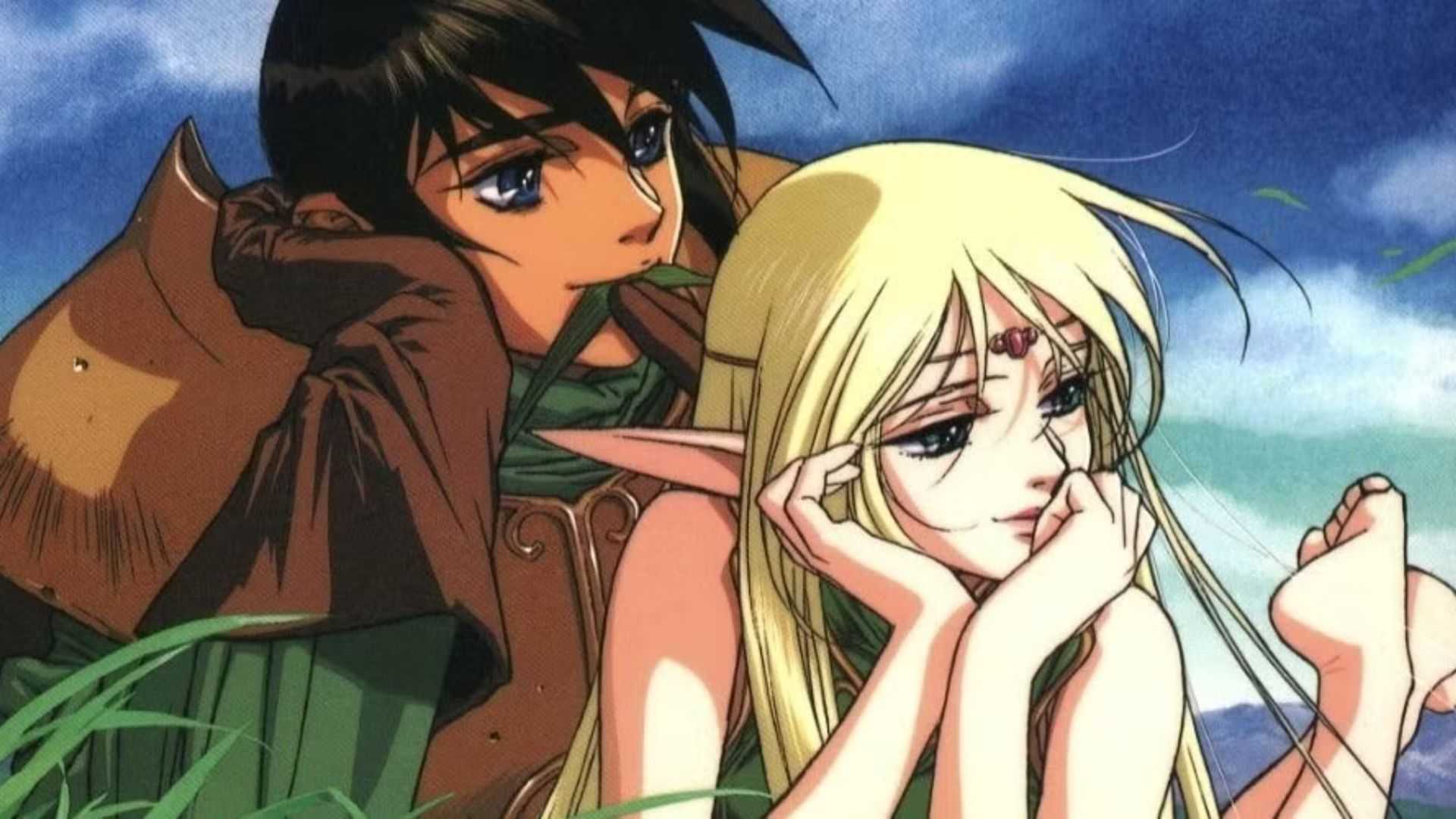 Parn and Deedlit frolic on the grass in Record of Lodoss War.
