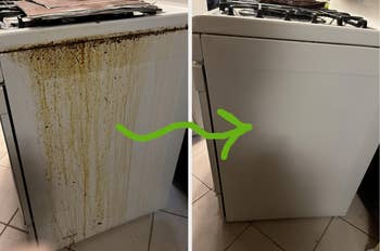 Before and after of a cleaning product: Left shows a greasy oven door; right shows the same door cleaned and spotless. Green arrow points right