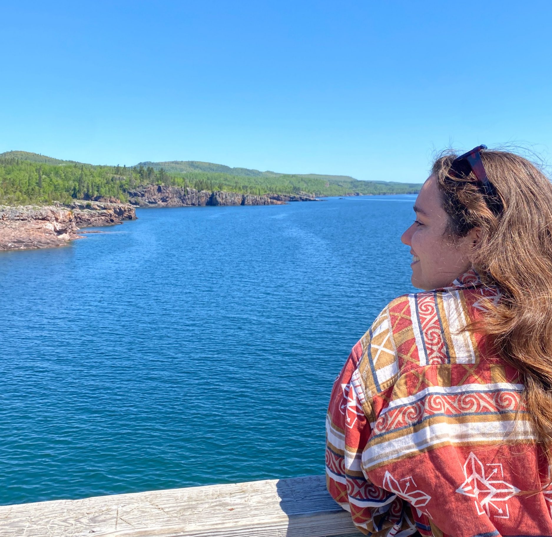 Writer Libby admiring the view at Lake Superior