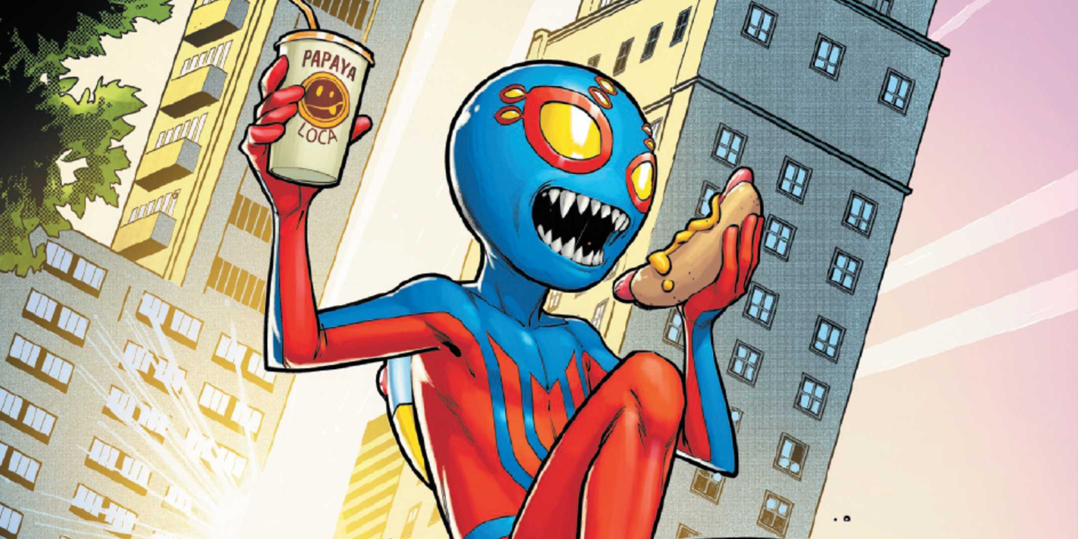 Spider-Boy swings through the city while eating a hot dog