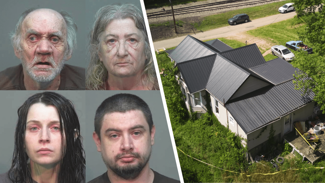 This combination of undated booking photos provided by Southeastern Ohio Regional Jail on Wednesday, July 1, 2026, shows, clockwise starting at top left, Gary Siders Sr., Christine Siders, Elizabeth Siders and Gary Siders Jr. (Southeastern Ohio Regional Jail via AP)