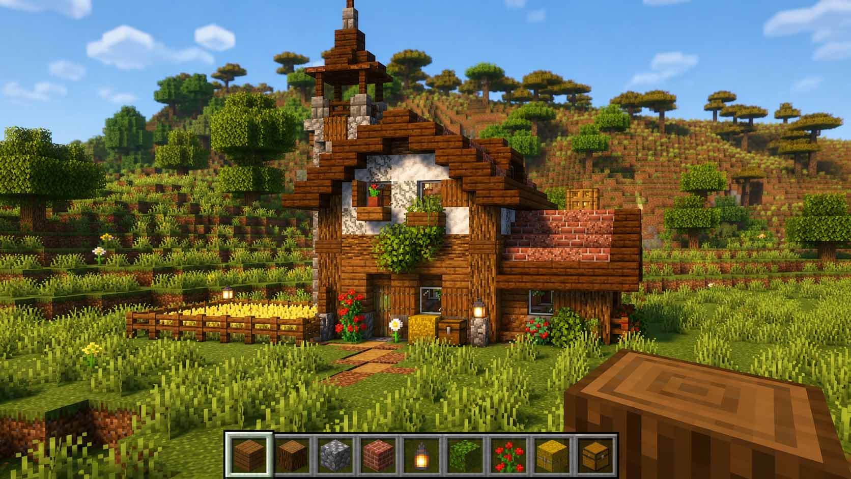This wooden farm build turns grassland into a cozy escape