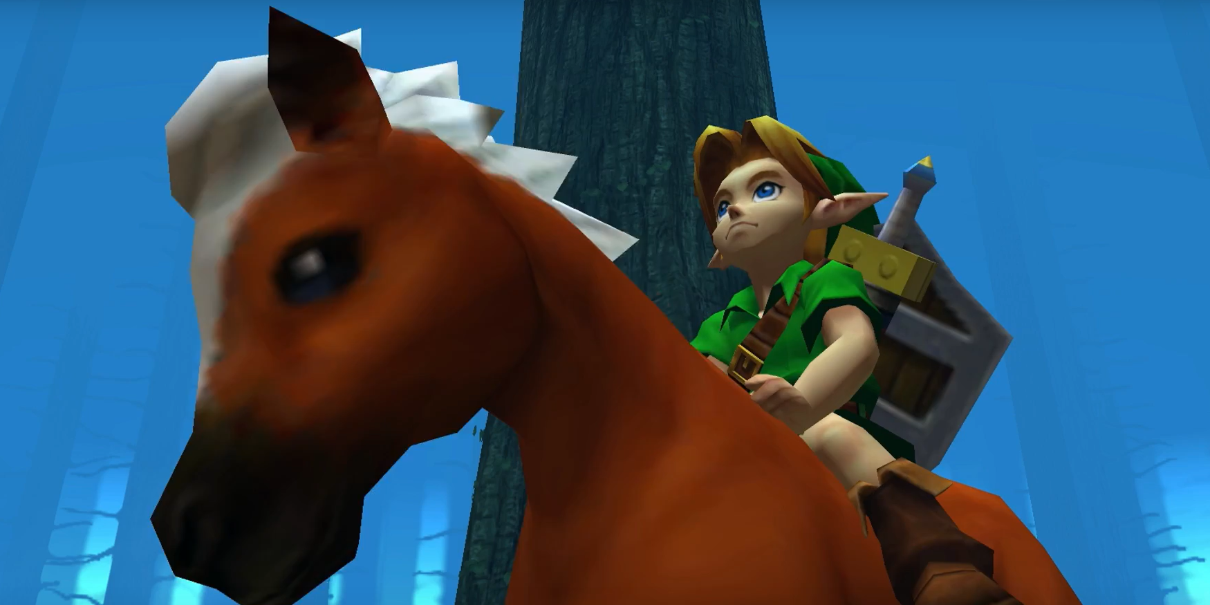 Link rides Epona through the Lost Woods in The Legend of Zelda: Majora's Mask 3D.