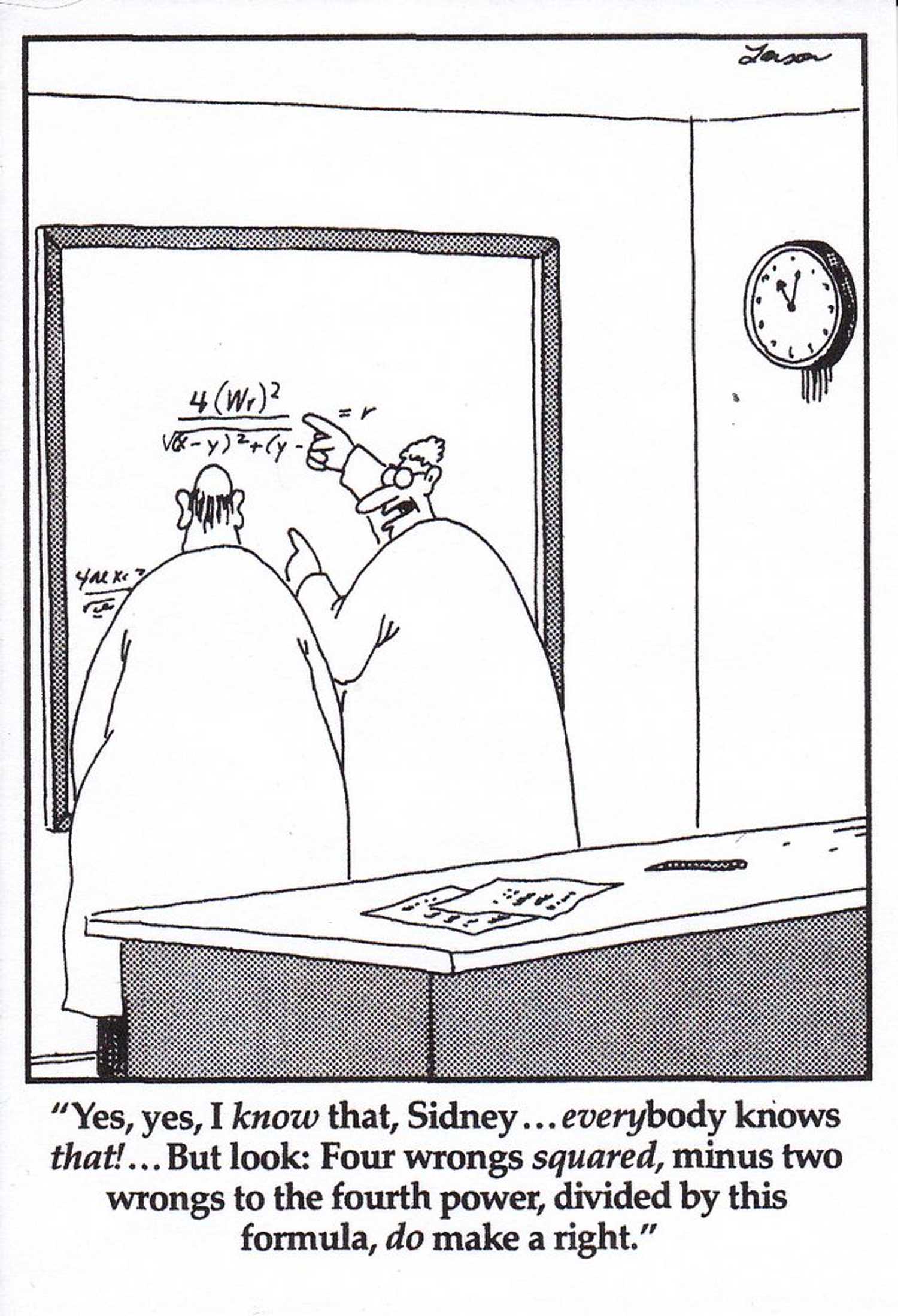 Far Side scientists studying an equation on a board.