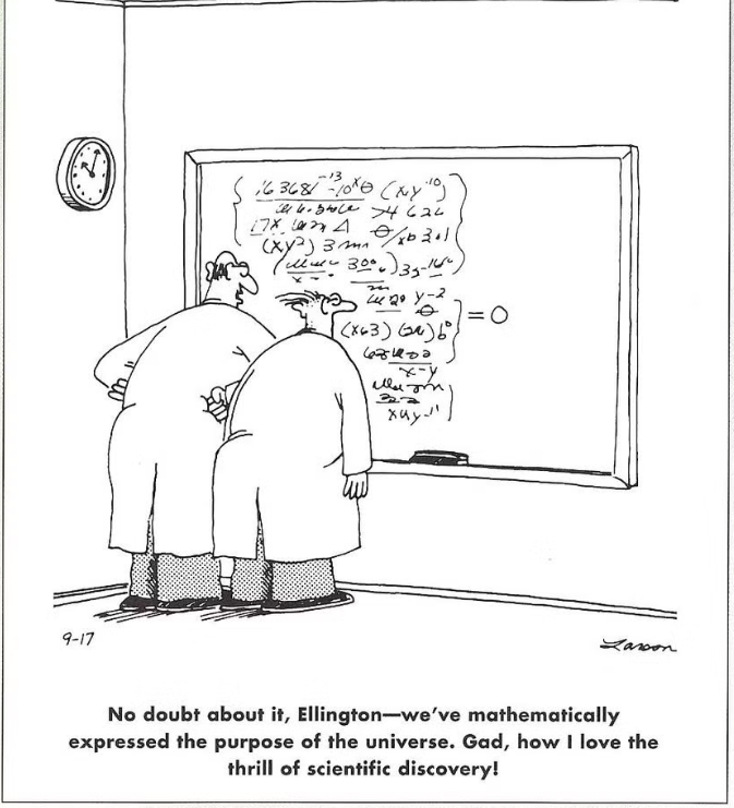 Two scientists look at a complicated equation on a board in The Far Side.