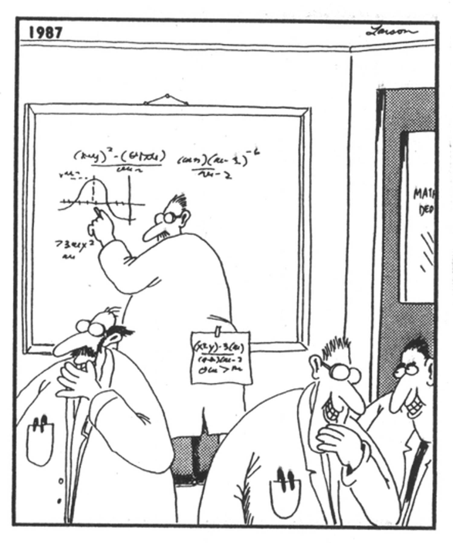 Scientists in The Far Side laughing at a prank they pulled on a colleague.