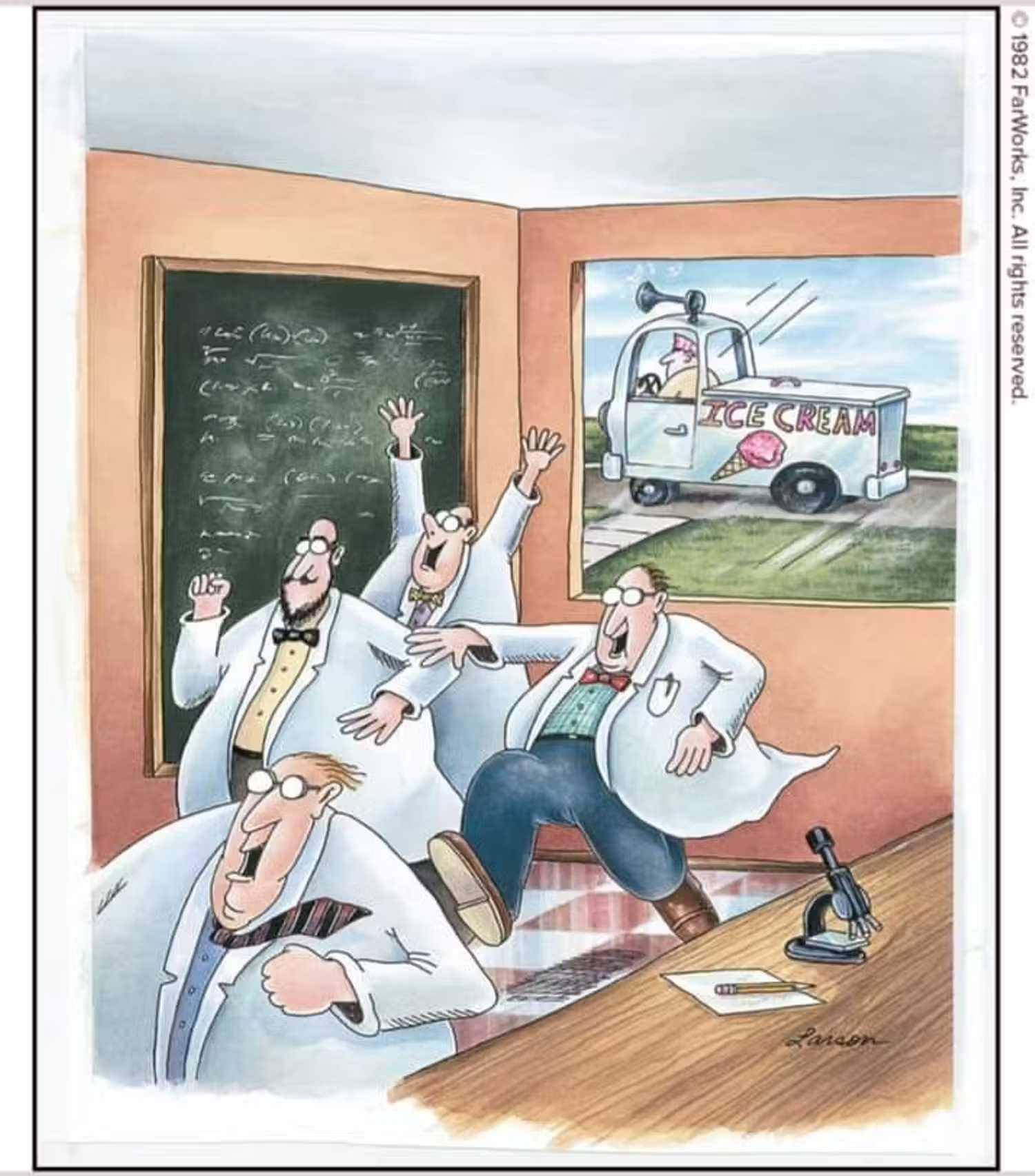 Scientists run out of the lab to go get ice cream in The Far Side.