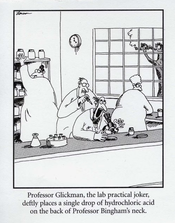 A scientist at a microscope screams while another stands behind him with a dropper of acid in The Far Side.