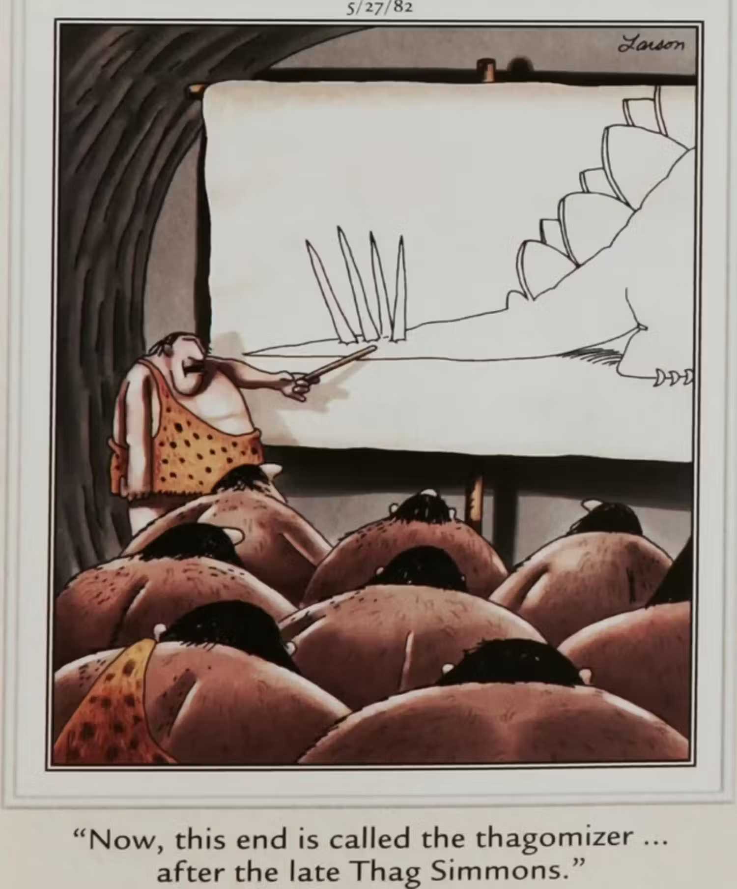 Caveman scientists in Far Side studying a stegosaurus tail
