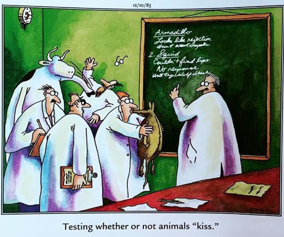 Scientists gather around a chalkboard and test whether or not animals kiss in The Far Side.