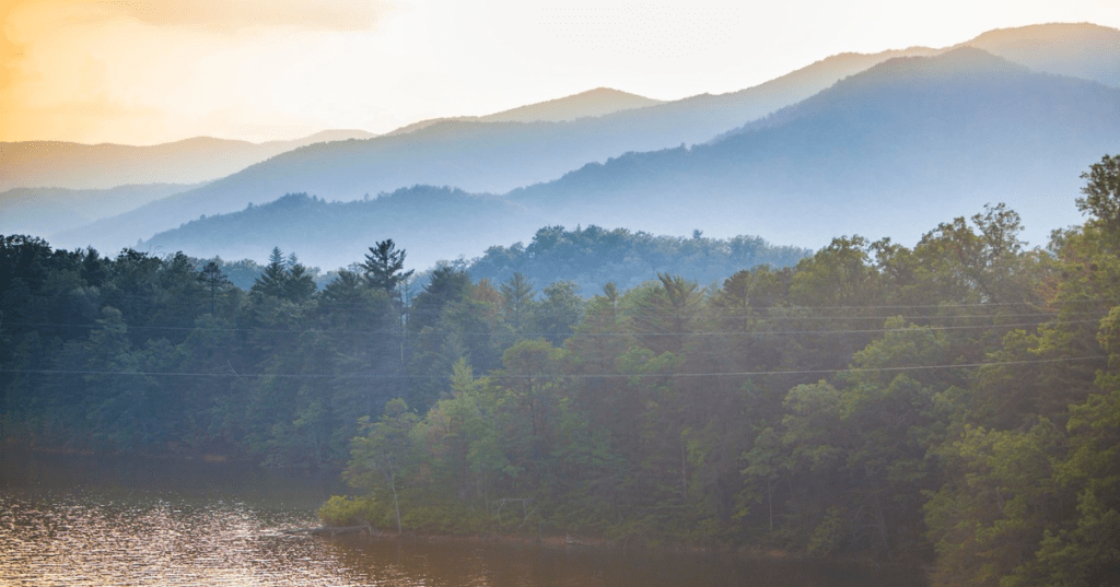 Layers of mountains surrounding Lake Santeelah in North Carolina.