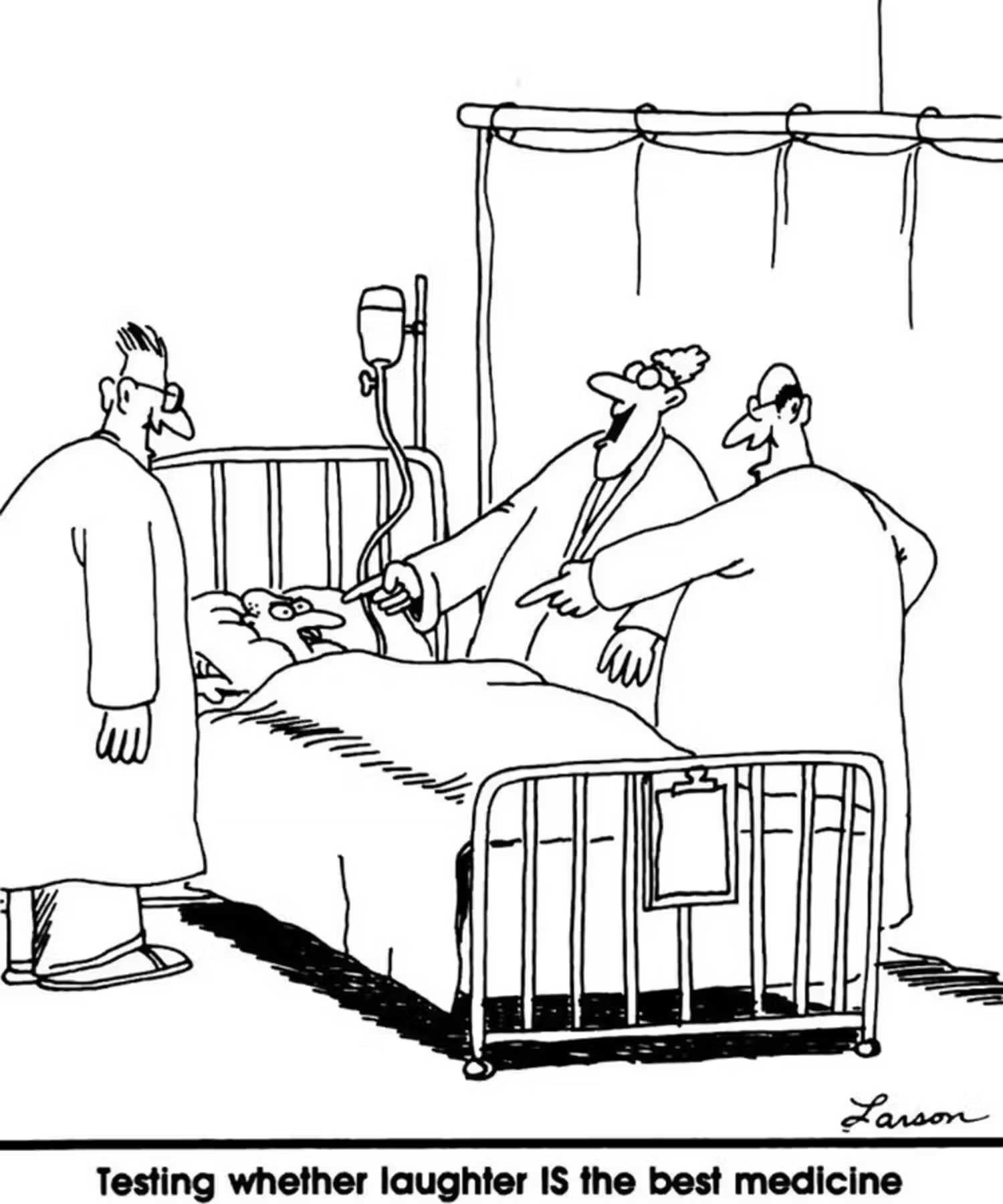 Doctors gather around a patient and laugh at him in The Far Side.