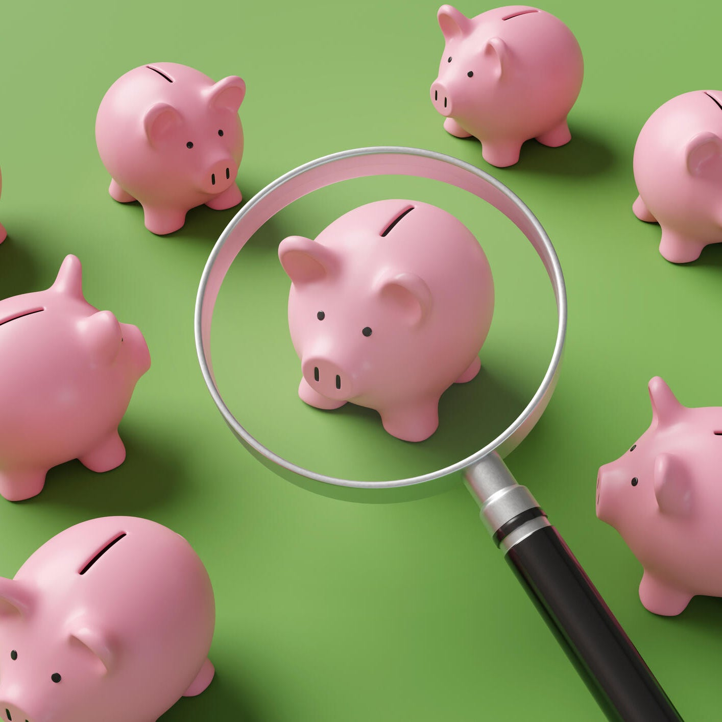 A magnifying glass enlarging one of the pink piggy banks facing different directions on a green background. Illustration of the concept of investment choices and different financial products