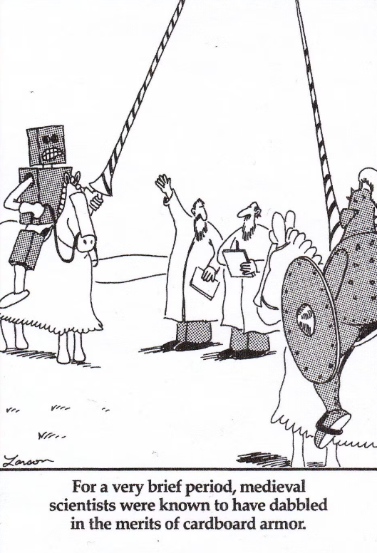 Two knights face each other on horseback, one of whom wears cardboard armor in The Far Side.