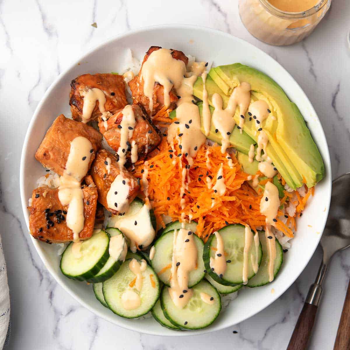 Spicy salmon bowl - soy honey glazed salmon