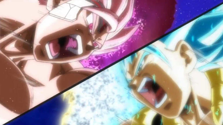 The Crimson-Masked Saiyan and Gogeta prepare to fight in Super Dragon Ball Heroes.