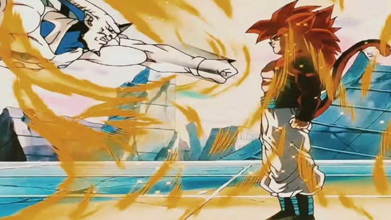 Omega Shenron throws a punch at Gogeta in Dragon Ball GT.