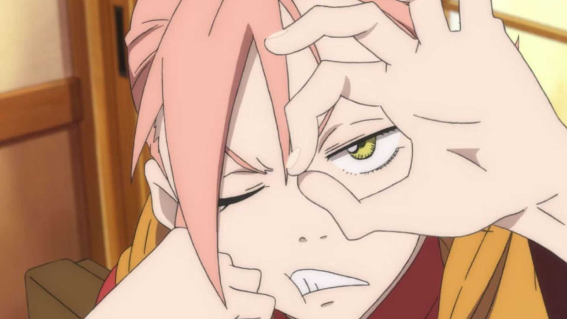 FLCL Haruko Haruhara circles her eye with her fingers.