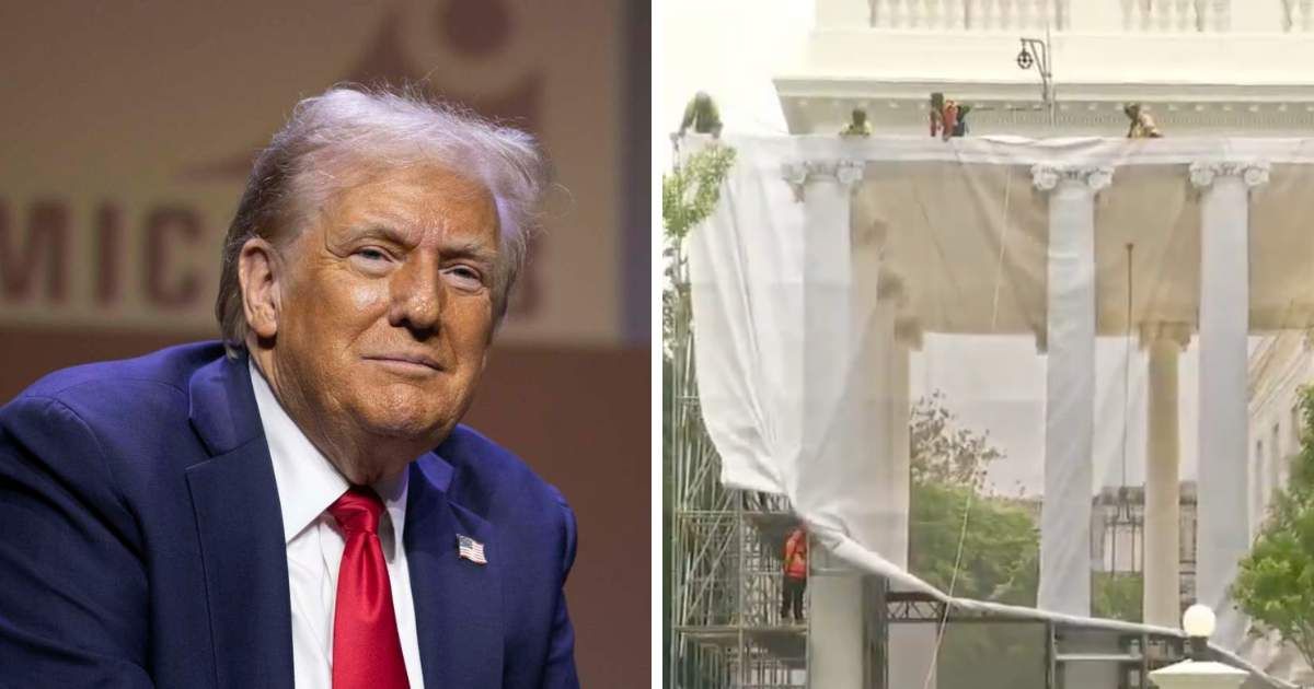 Trump hides North Portico with giant photorealistic tarp as sweeping ...