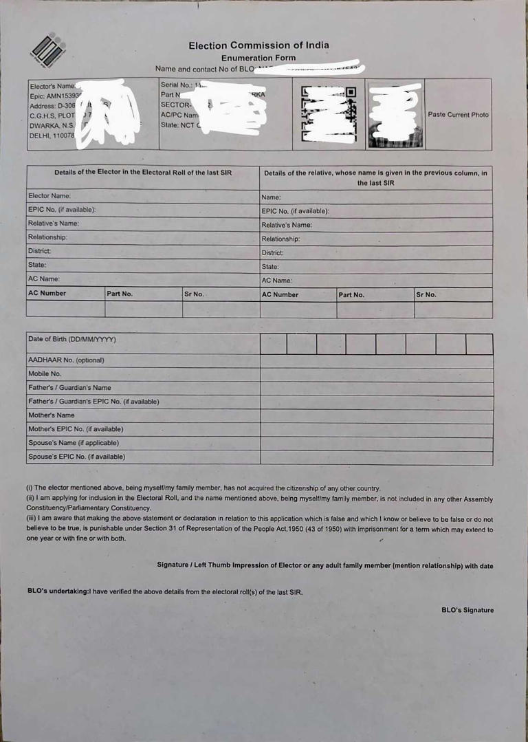 Delhi SIR: How to fill the form if your name is not in the 2002 ...