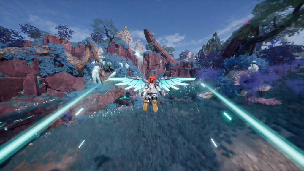 A Palworld player soaring over the landscape with wings made of blue energy on their back.
