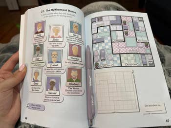 Open book showing characters in a mystery game. Pages include character profiles and a layout of a retirement home. A pen rests on the book