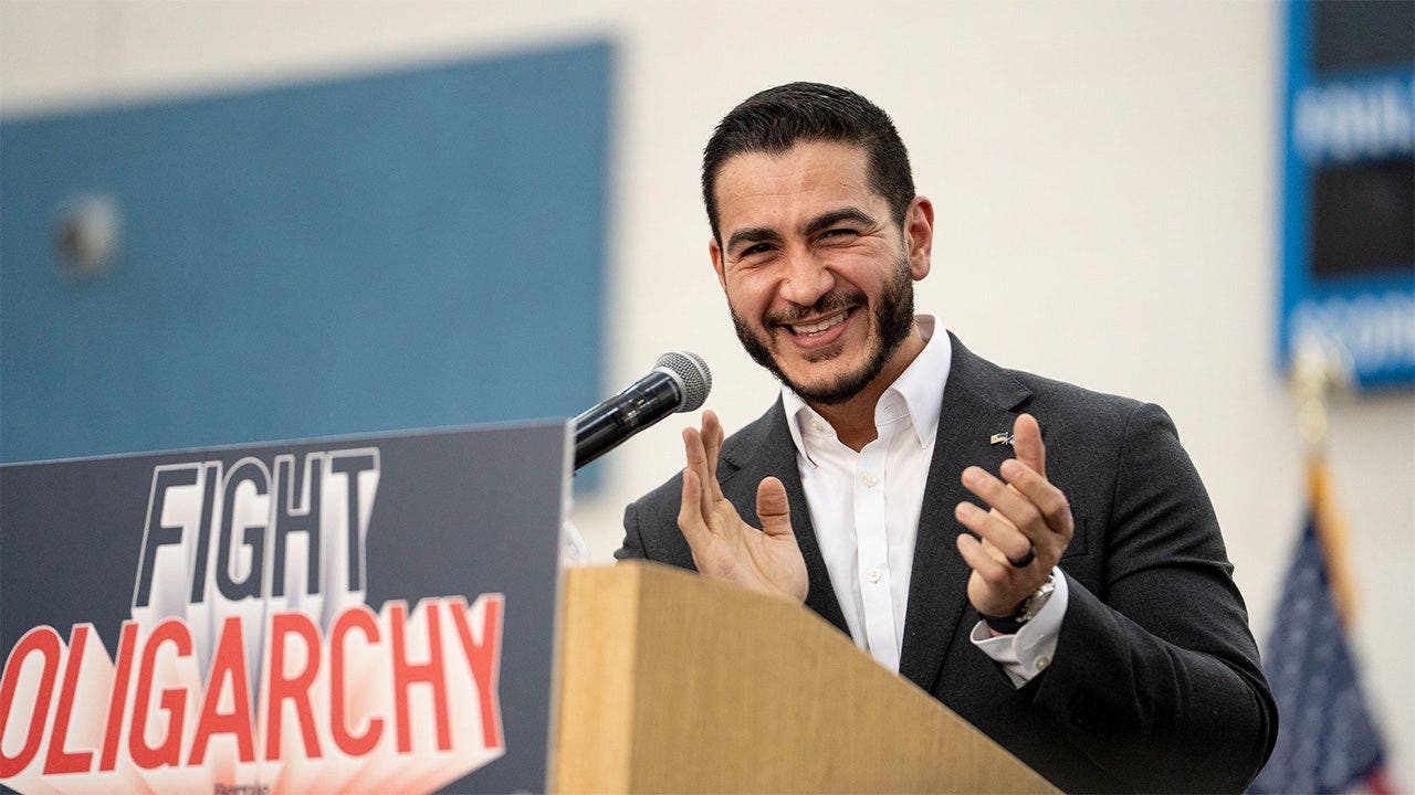 Abdul El-Sayed, candidate for U.S. Senate in Michigan, speaks before U.S. Sen. Bernie Sanders, I-Vt., takes the stage at Mumford High School on May 3, 2026 in Detroit, Michigan.