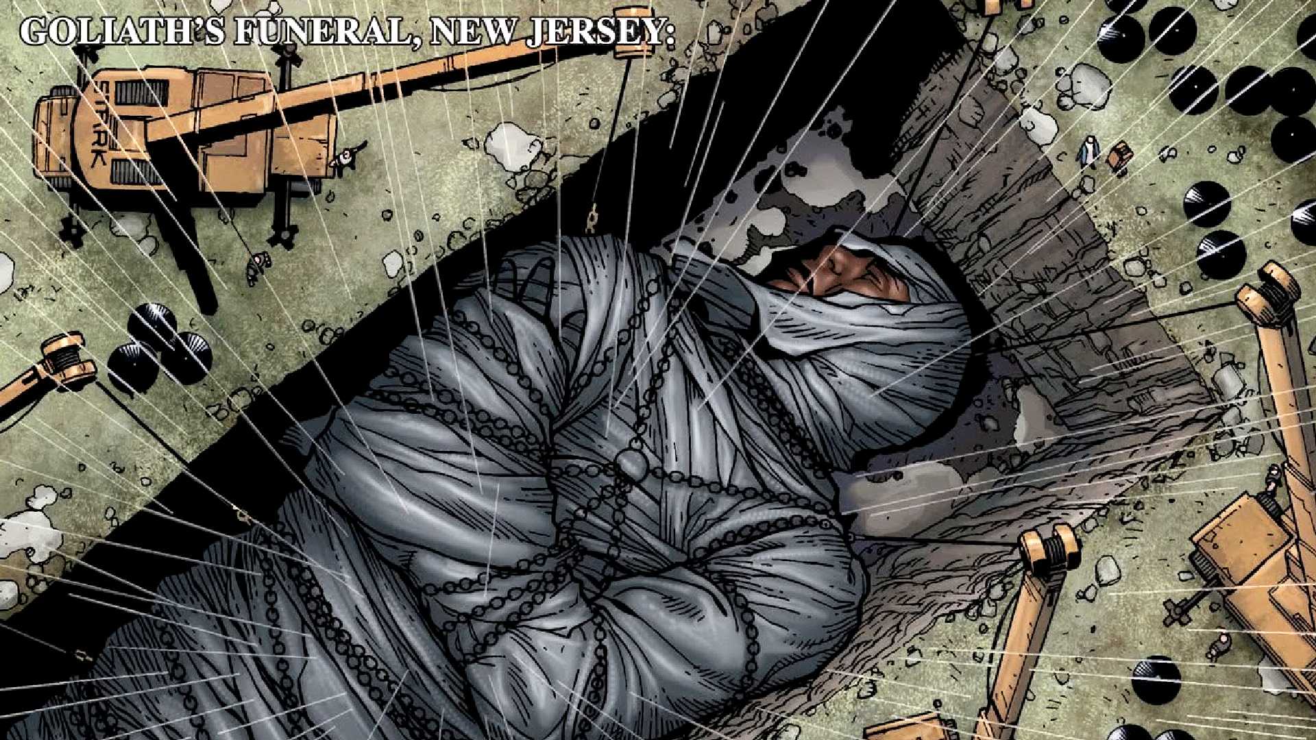 Bill Foster aka Goliath lies dead wrapped in chains in Civil War