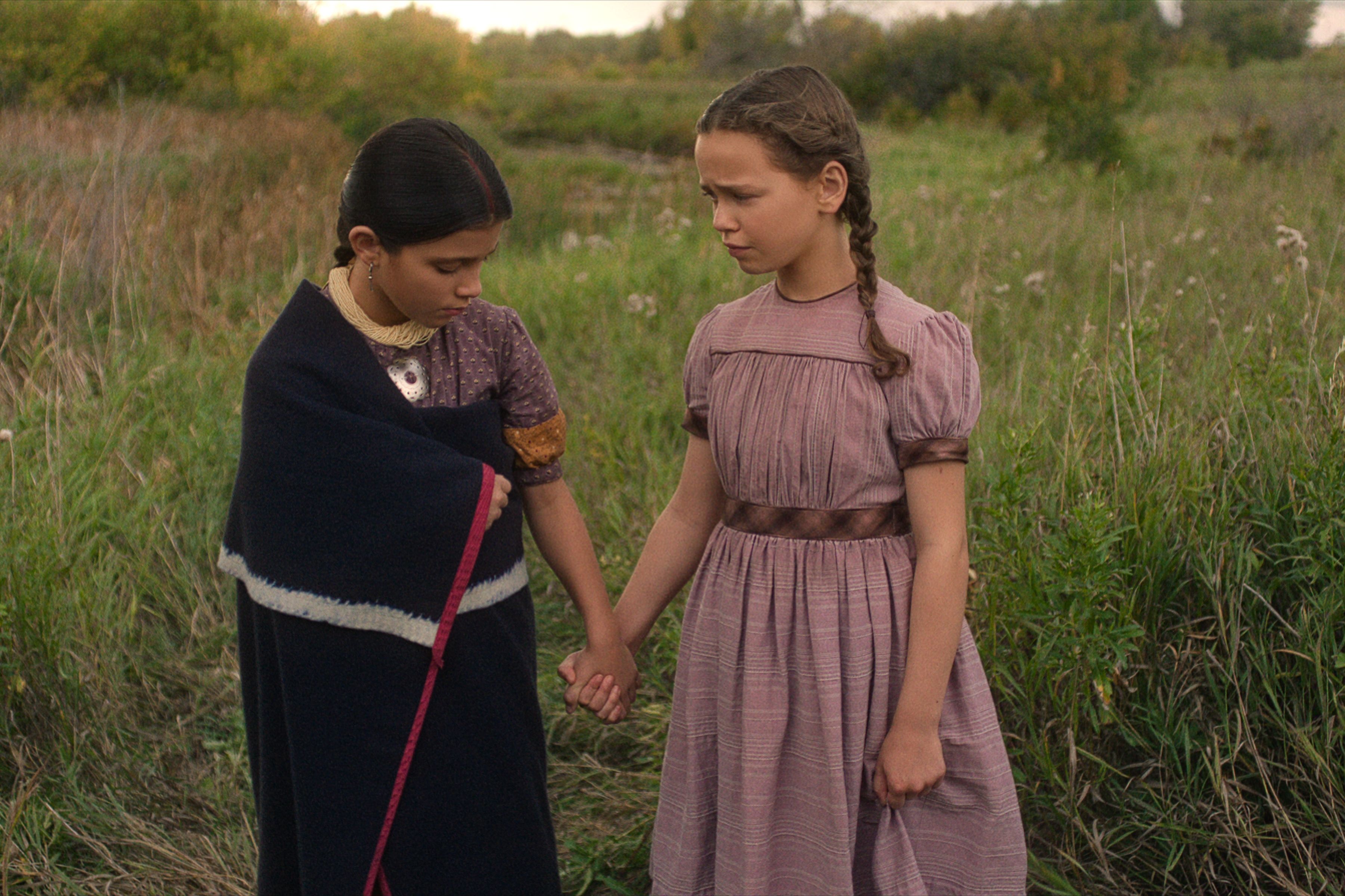 Little House on the Prairie. (L to R) Wren Zhawenim Gotts as Good Eagle, Alice Halsey as Laura Ingalls in episode 108 of Little House on the Prairie.