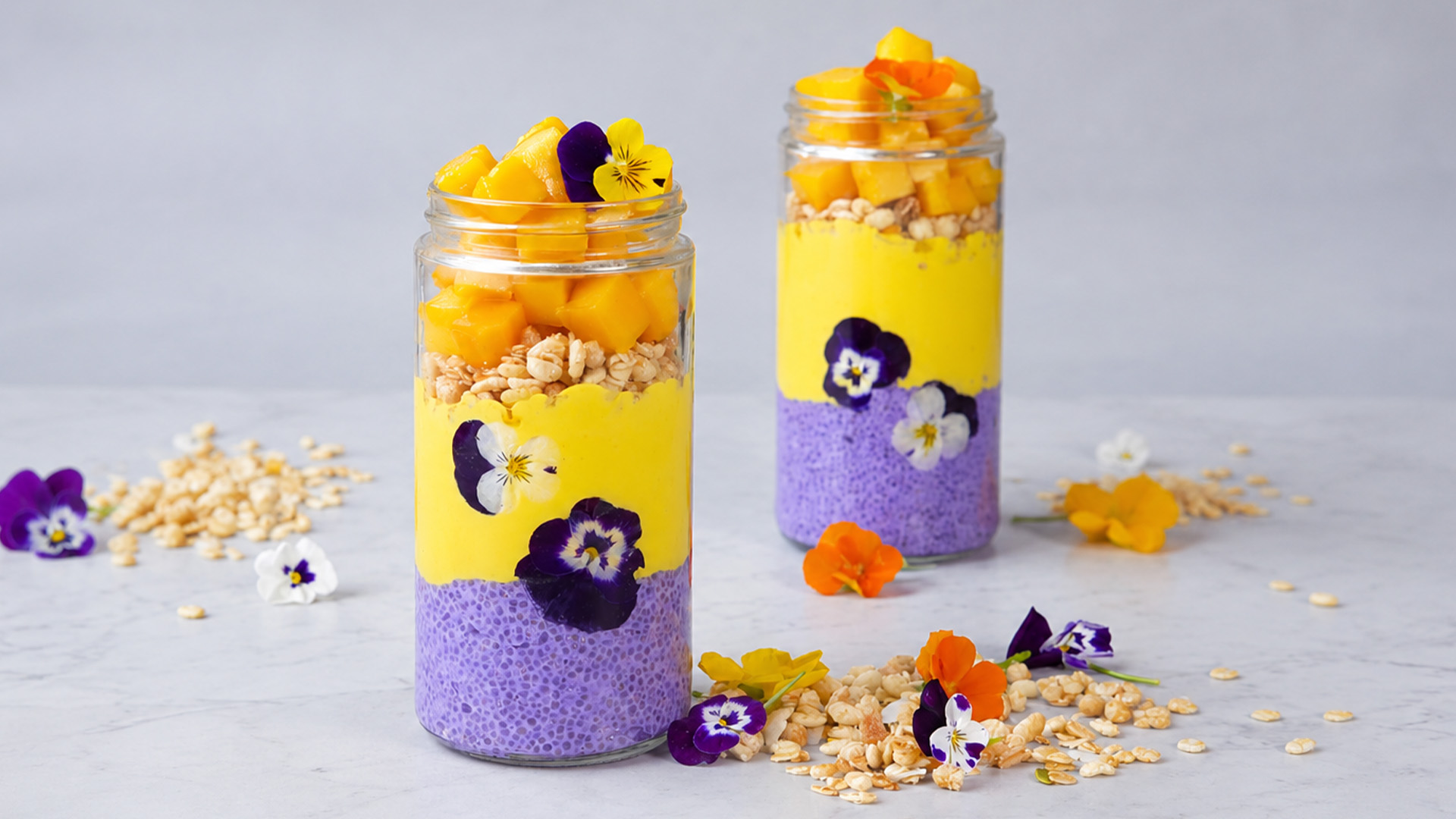 Fresh mango chia pudding with colorful layers