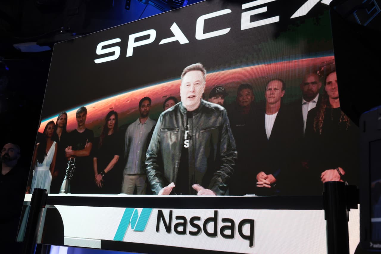 SpaceX founder and CEO Elon Musk speaks via video at the Nasdaq MarketSite in Times Square on June 12, 2026.