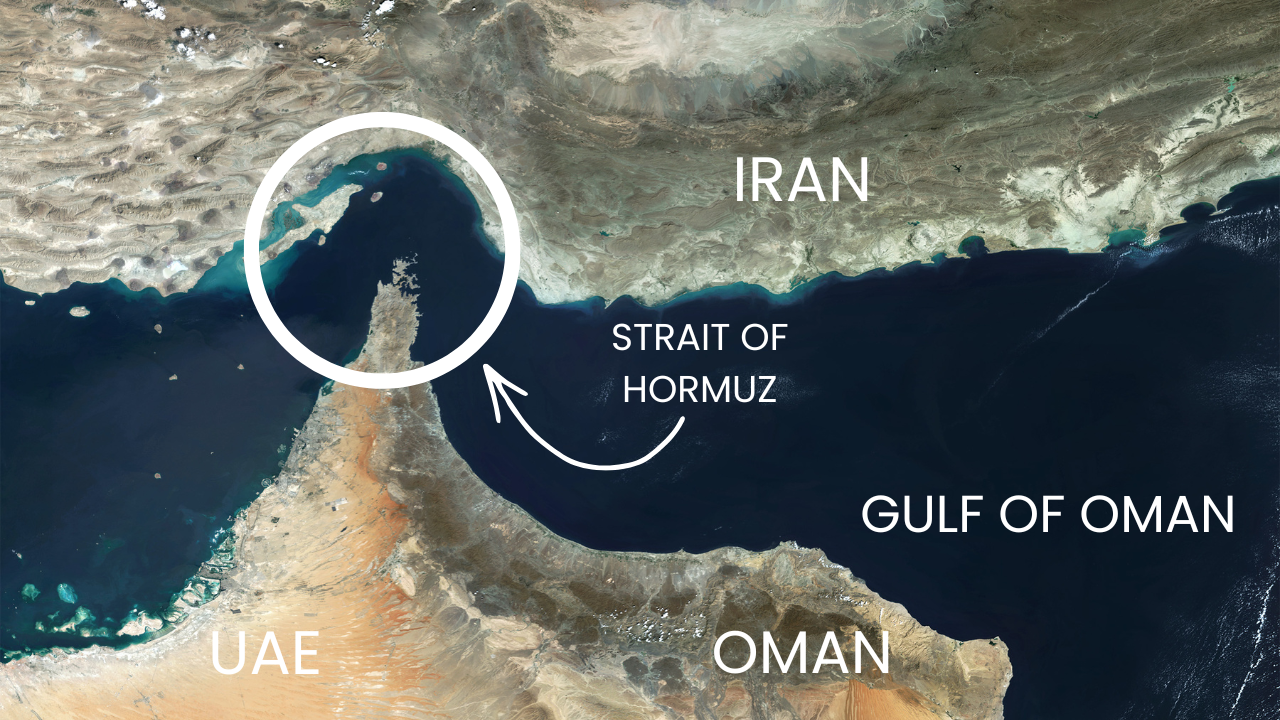 A satellite image shows the Strait of Hormuz, a key maritime passage connecting the Persian Gulf to the Gulf of Oman, vital for global energy supply.