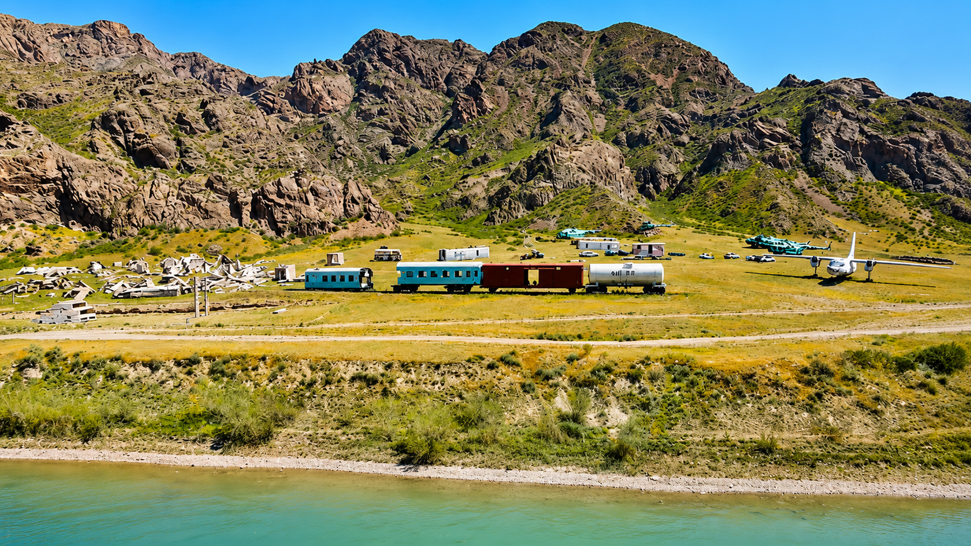 Train tracks following the Ili River through Rocky Mountains