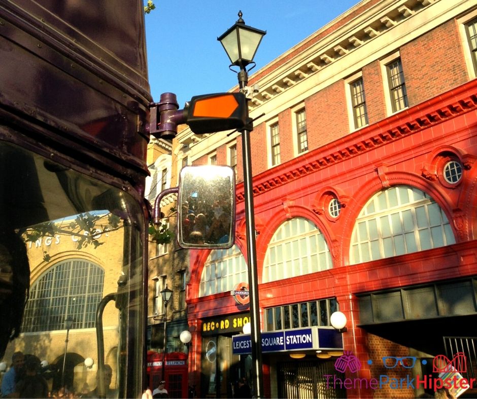 Knight Bus and London Facade with Kings Cross Station at Harry Potter World Diagon Alley. One of the best Wizarding World of Harry Potter photo spots.