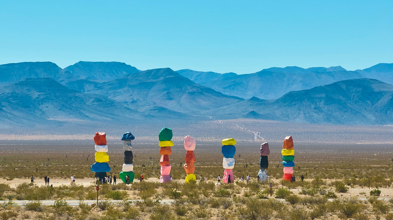 Colorful rock stacks in the desert near Las Vegas, Nevada, with the Sierra Nevada Mountains in the background